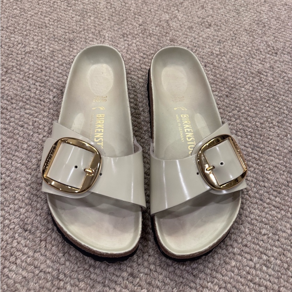 Birkenstock Madrid Single Strap Sandals with Gold Buckle in Cream - Picture 2 of 5